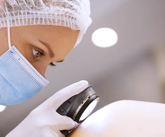 a dermatologist examines the skin